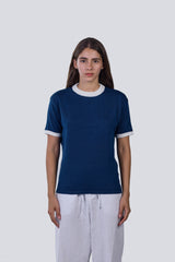 Knitted Ringer Tee in Navy