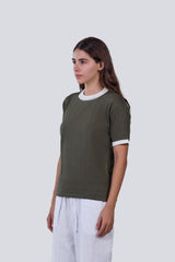 Knitted Ringer Tee in Olive